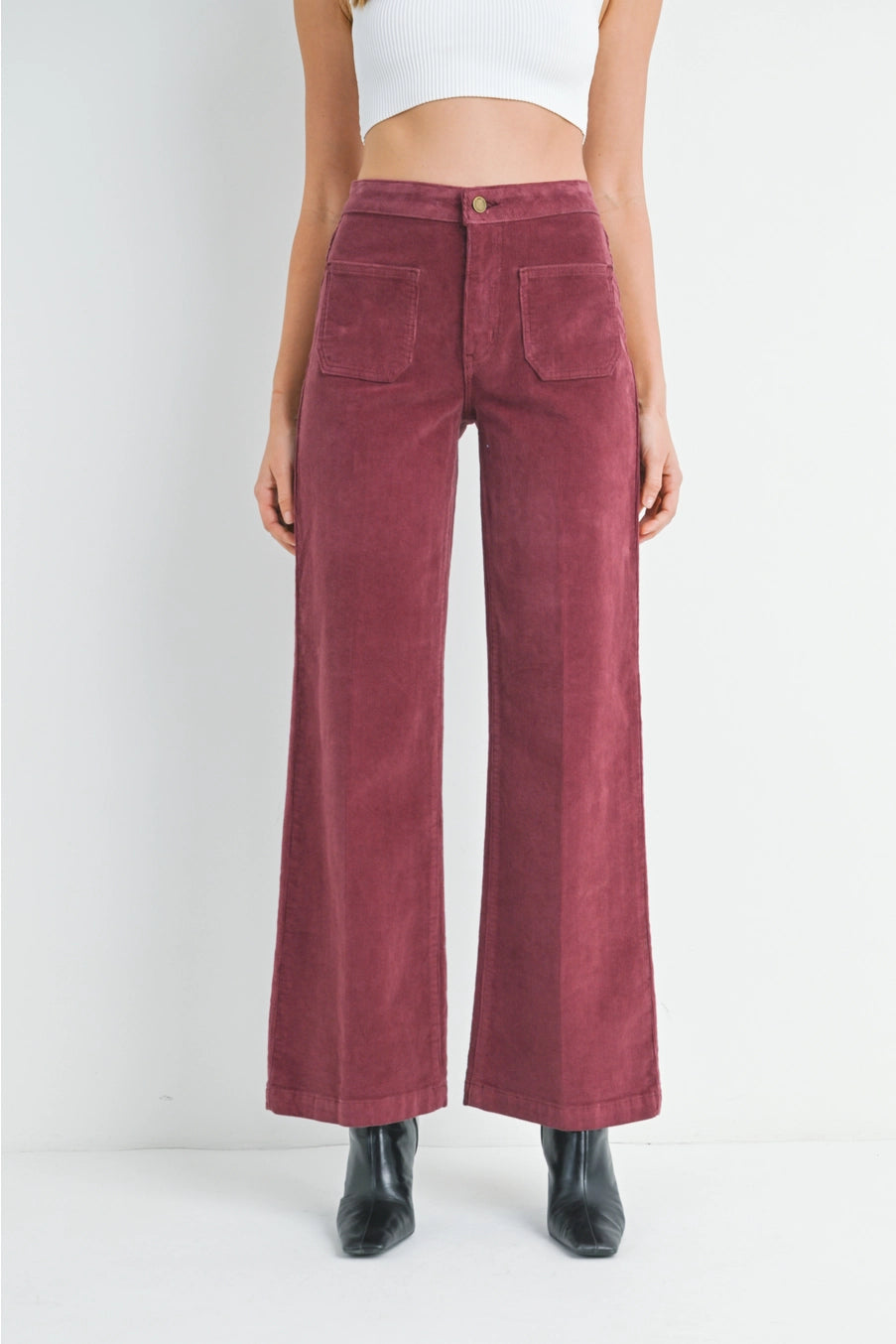 Corduroy Mini Patch Pocket Jeans in Burgundy