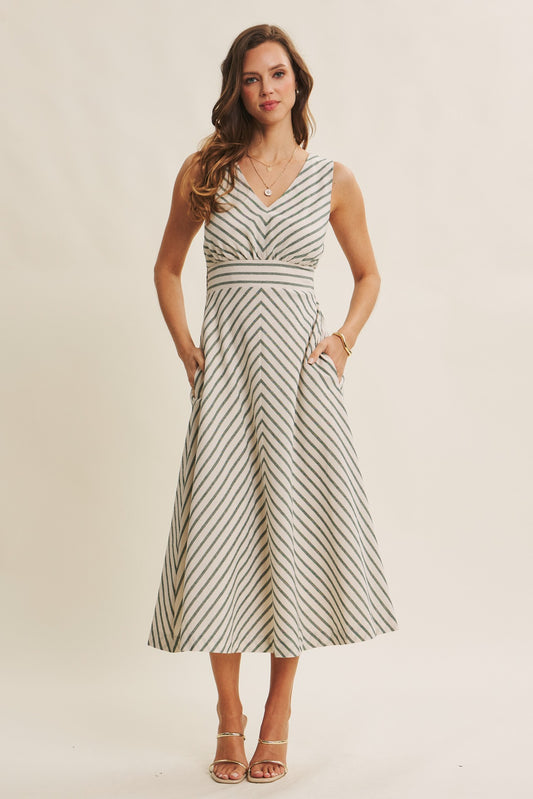 Fit And Flare Stripe Midi Dress in Green