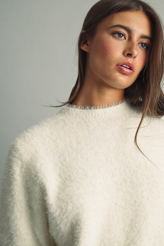 MIOU MUSE Cropped Eyelash Faux-Fur Sweater in Cream