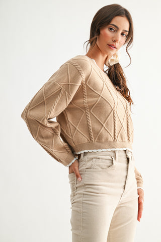 Diamond Cable Knit Scallop Trim Cropped Sweater