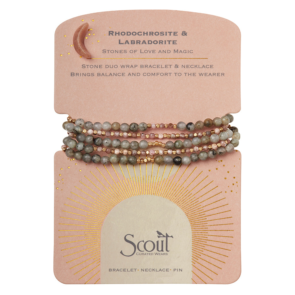 Stone Duo Wrap Bracelet/Necklace/Pin - Rhodochrosite & Labradorite