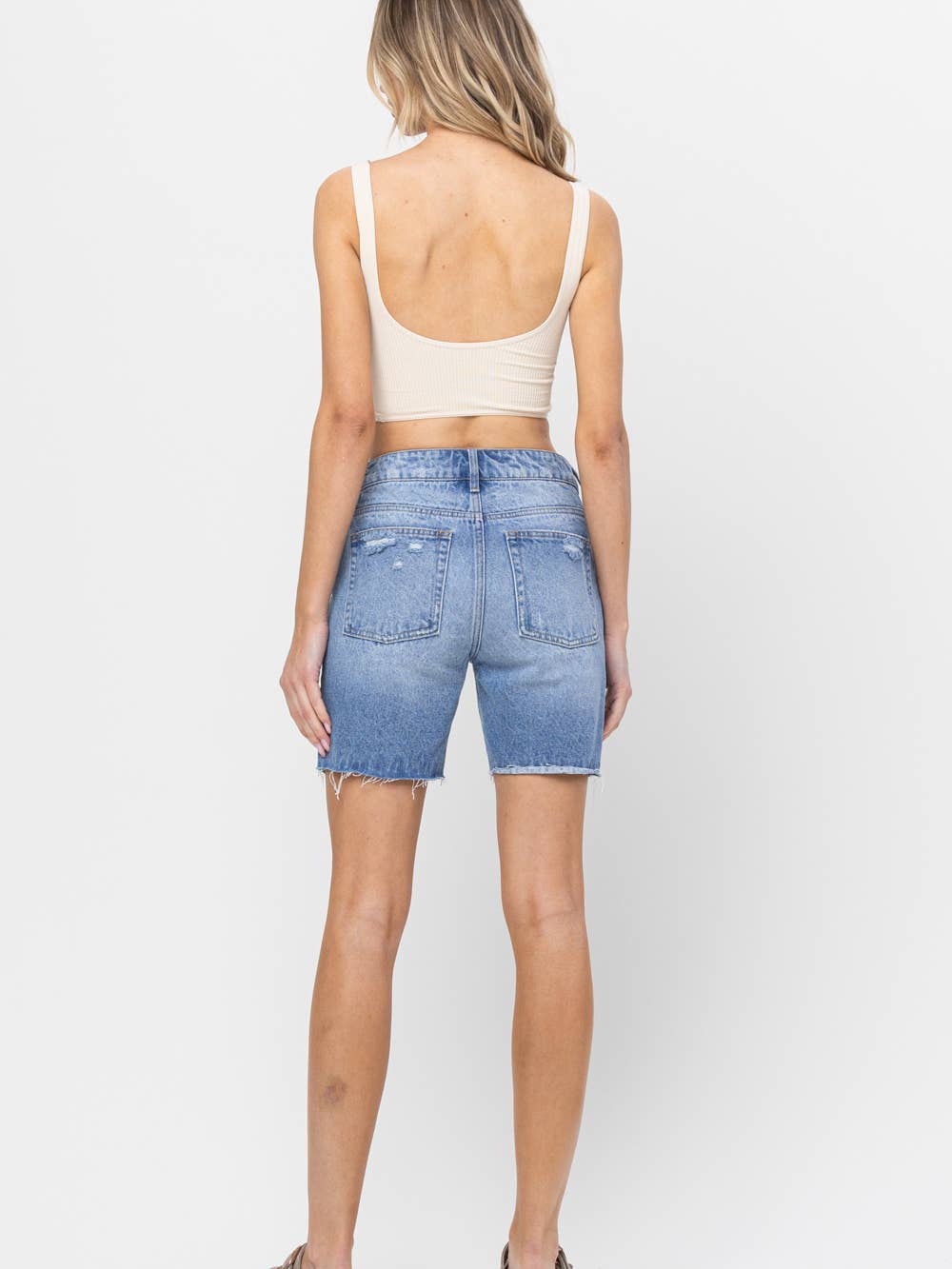 Mid Rise Fray Hem Shorts