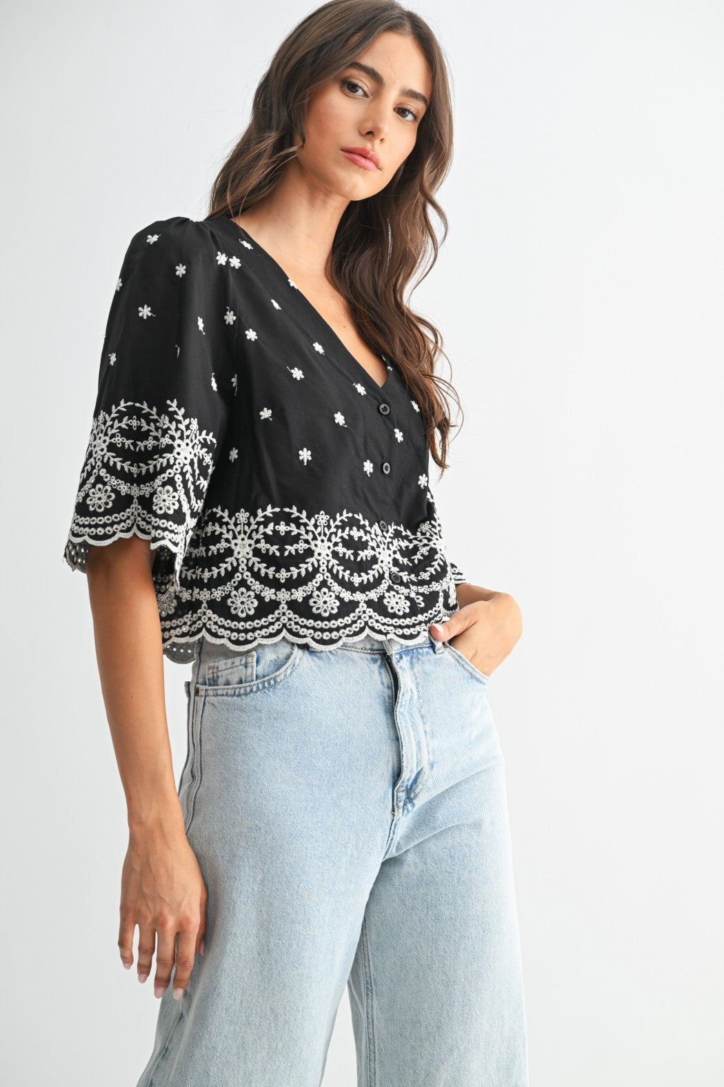 Embroidered Scallop Top