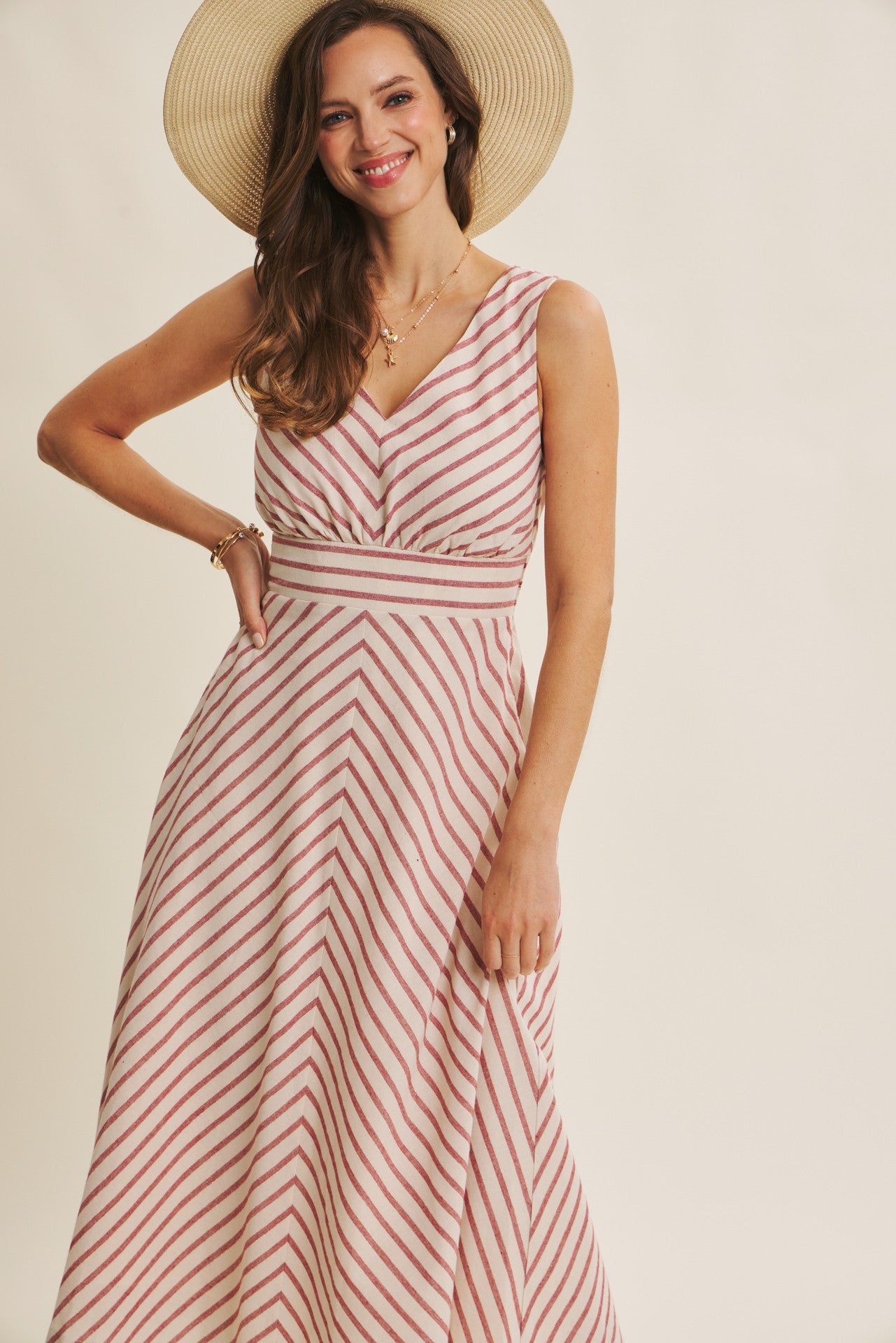 Fit and Flare Stripe Midi Dress in Red