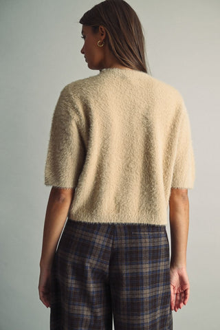 MIOU MUSE Cropped Eyelash Faux-Fur Sweater in Tan
