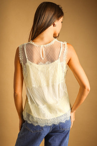 Delicate Lace & Dot-Mesh Sleeveless Top in Beige – Women's Lace Top by MIOU MUSE