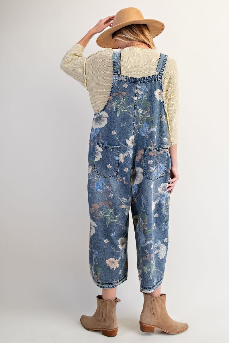 Oversized Flower Overalls in Washed Denim
