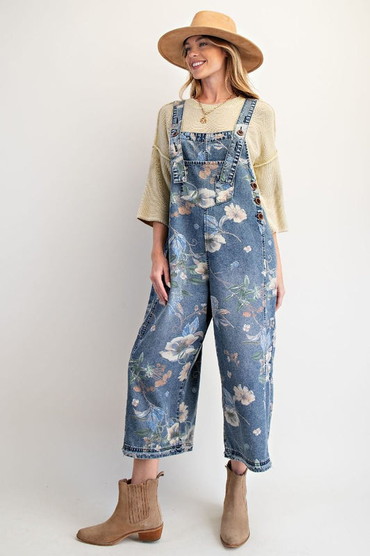 Oversized Flower Overalls in Washed Denim