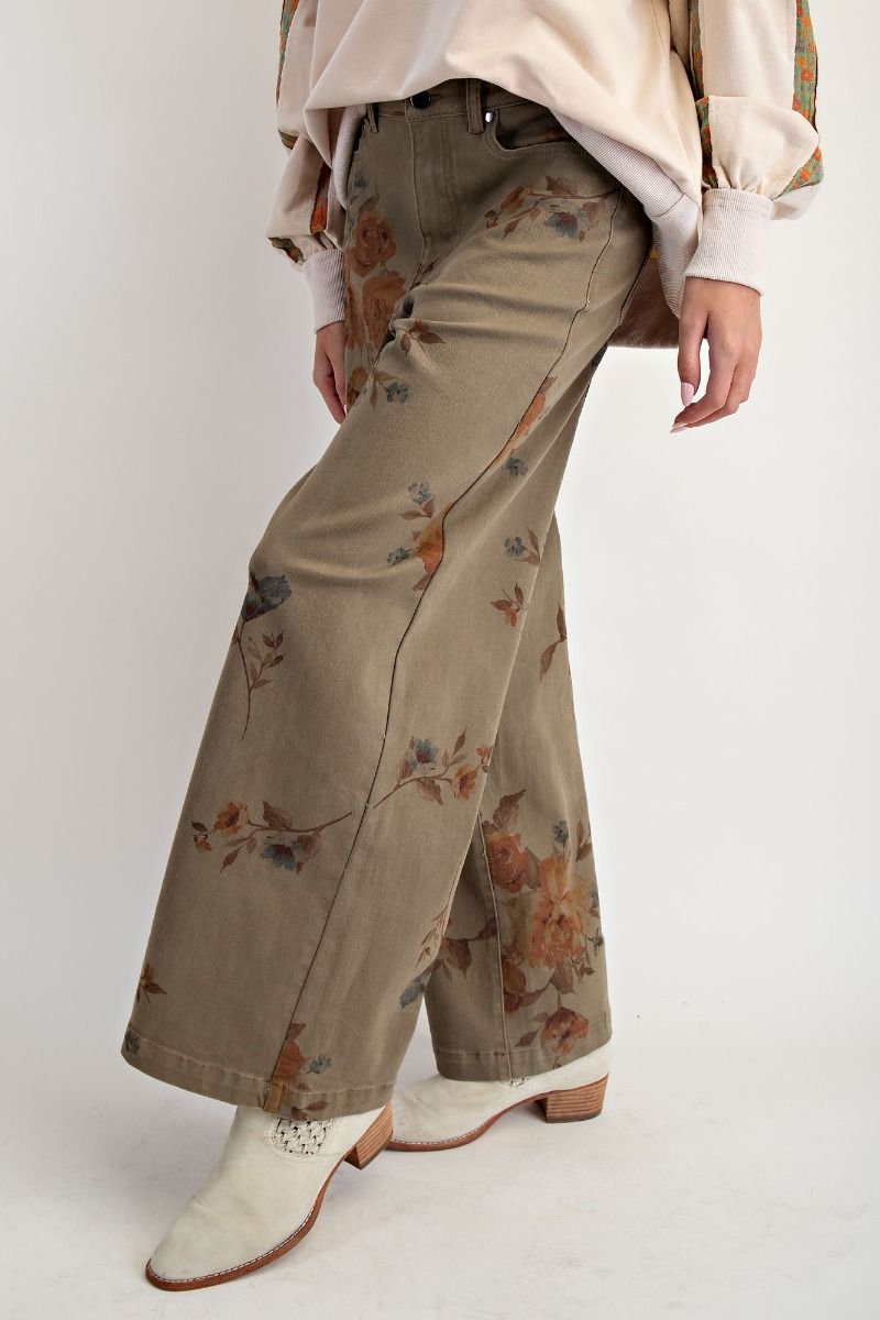 Stretch Floral Jeans in Olive