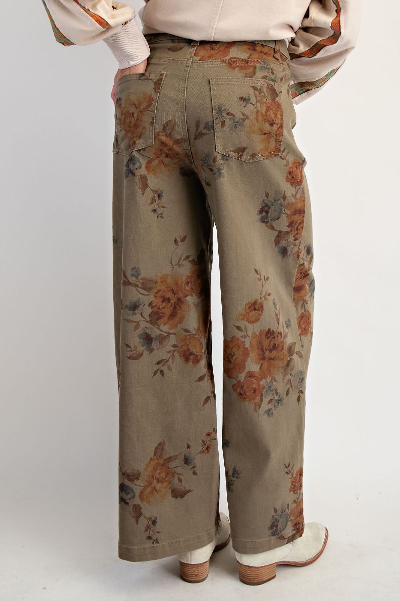 Stretch Floral Jeans in Olive