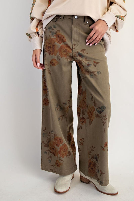 Stretch Floral Jeans in Olive