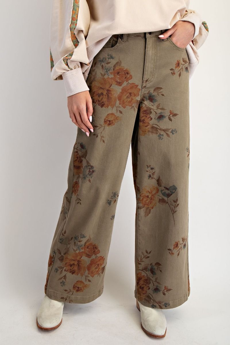 Stretch Floral Jeans in Olive