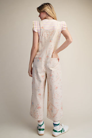 Cross-Stitch Floral Cotton Overalls in Cream