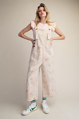 Cross-Stitch Floral Cotton Overalls in Cream