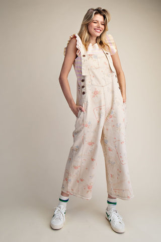 Cross-Stitch Floral Cotton Overalls in Cream