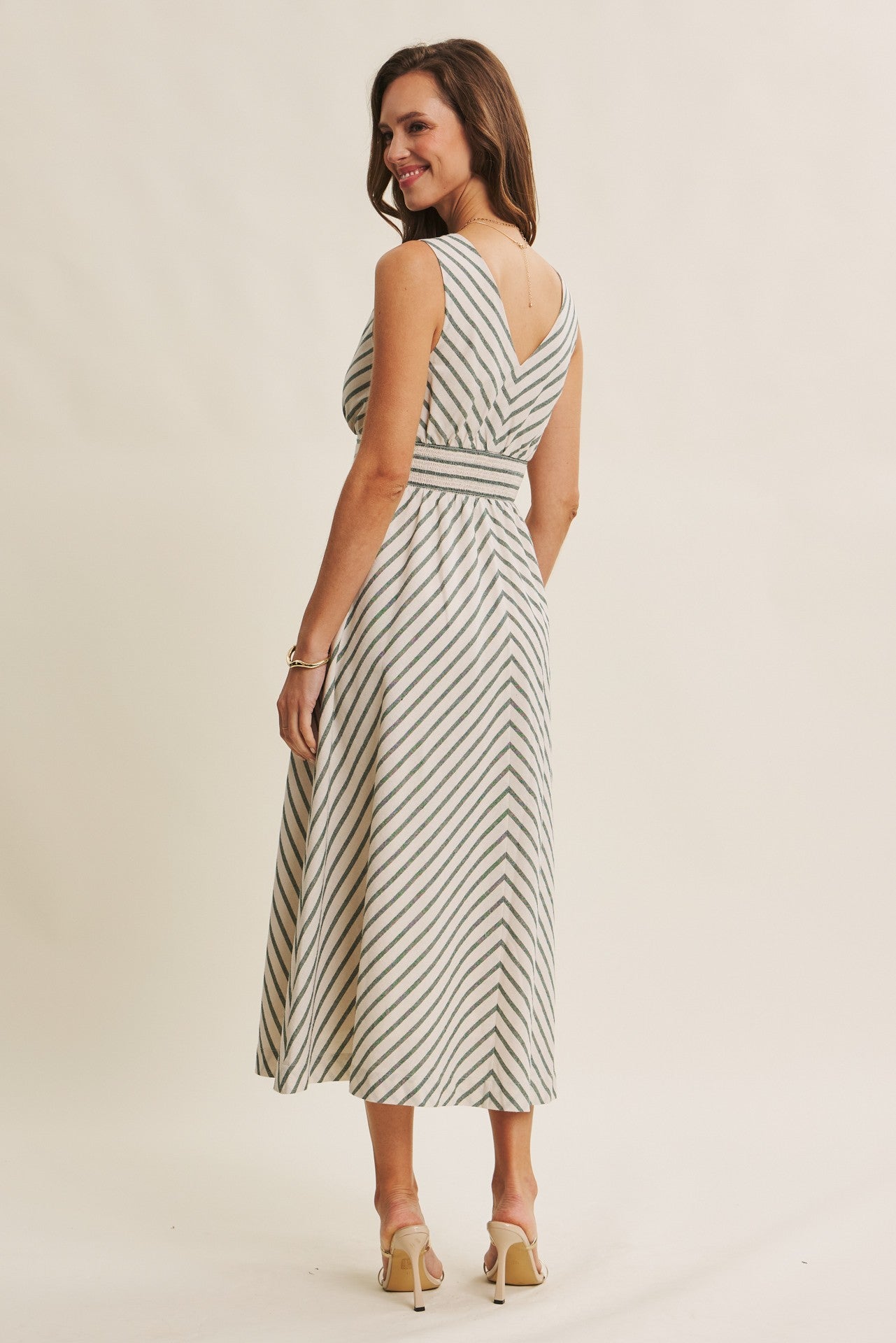 Fit and Flare Stripe Midi Dress in Green