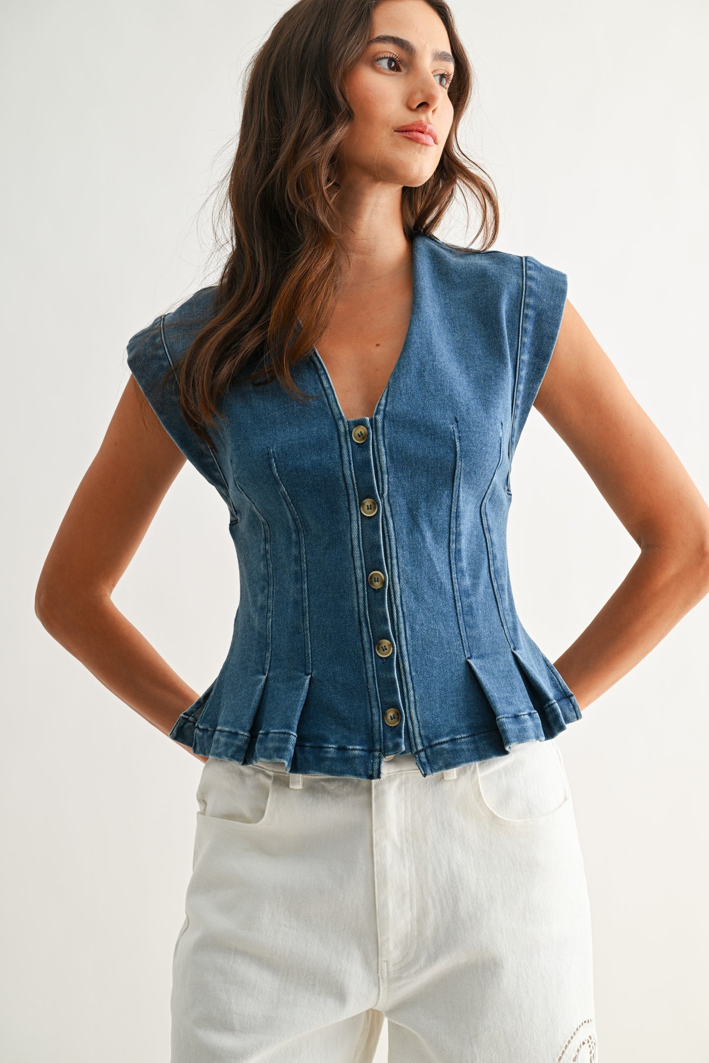 Button-down Denim Sleeveless Peplum Top