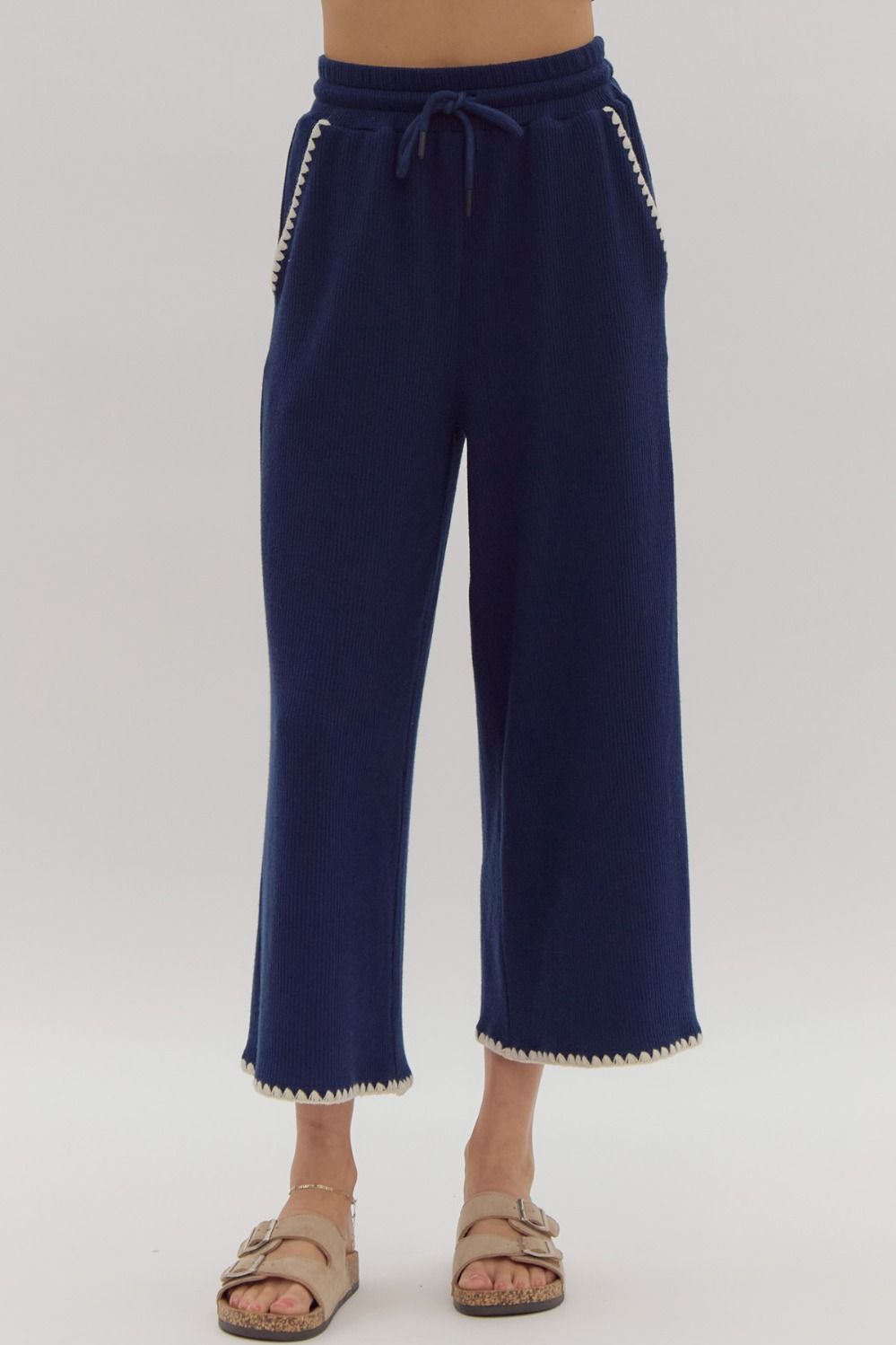 Solid Ribbed Cropped Bottoms in Navy