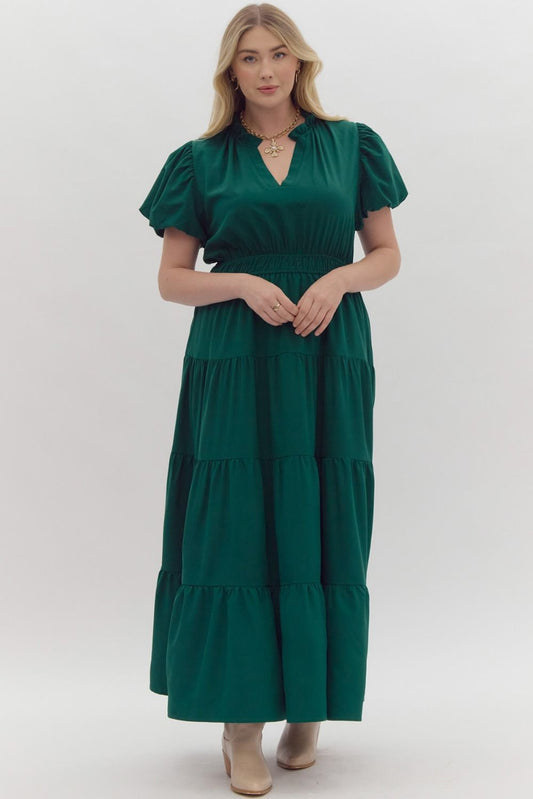 Curvy Split V-Neck Dress in Hunter Green