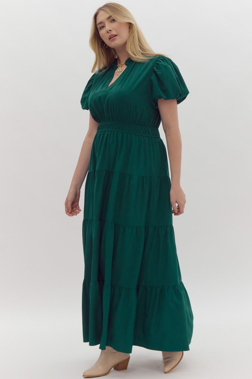 Curvy Split V-Neck Dress in Hunter Green