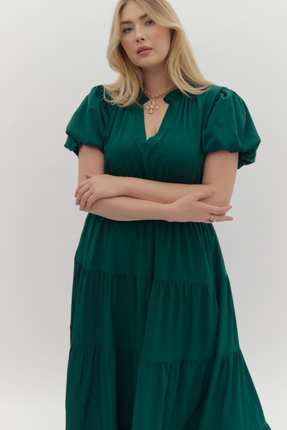 Curvy Split V-Neck Dress in Hunter Green