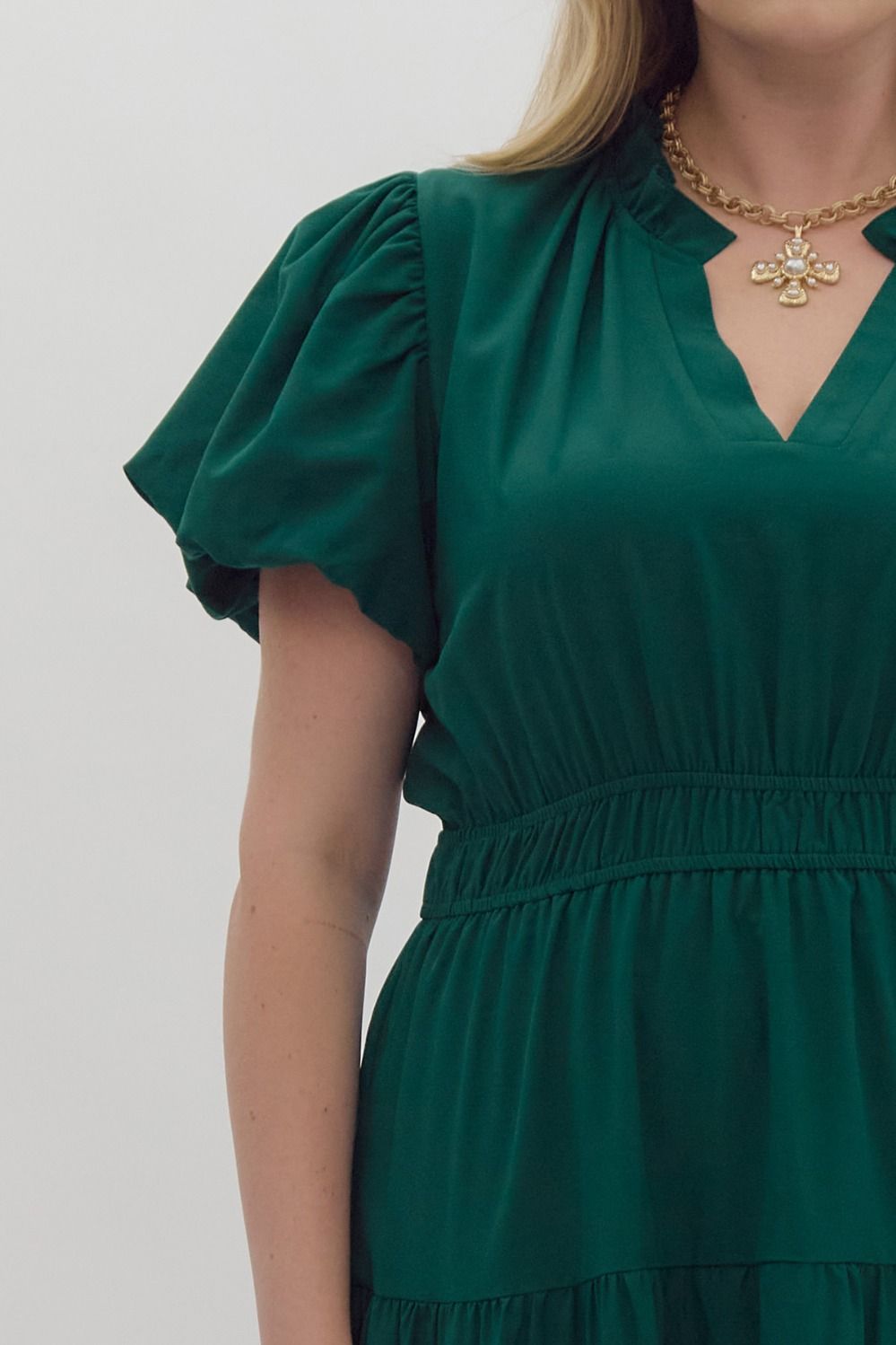 Curvy Split V-Neck Dress in Hunter Green