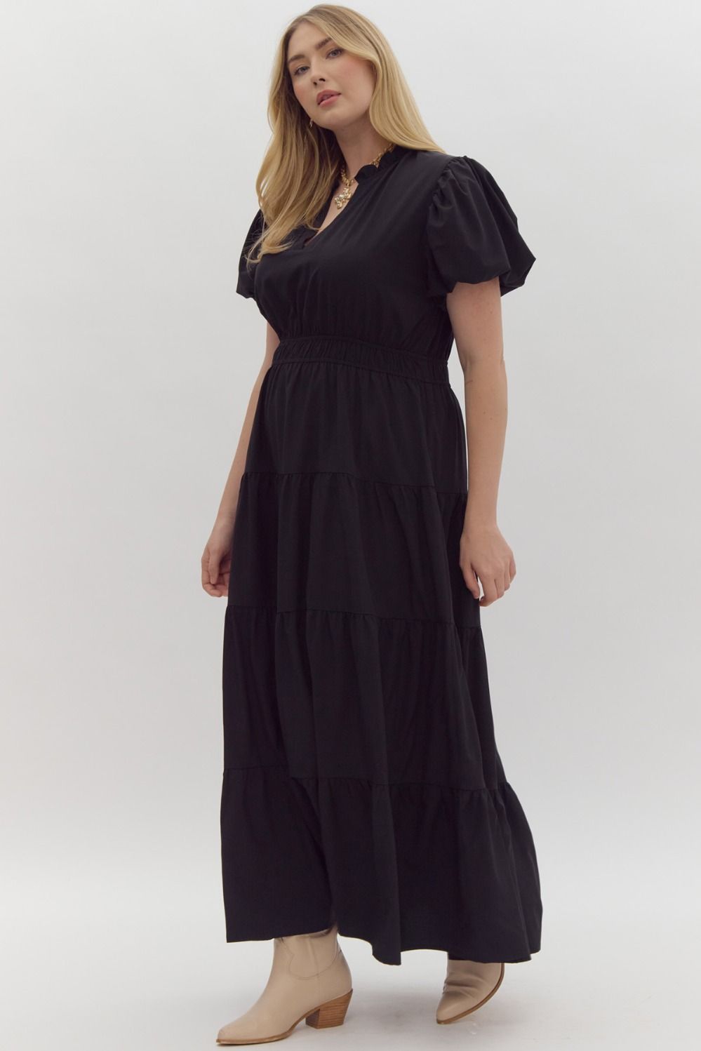 Curvy Split V-Neck Dress in Black