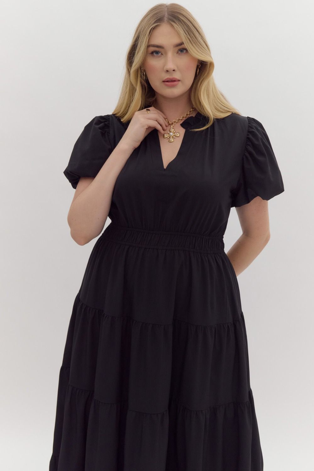 Curvy Split V-Neck Dress in Black