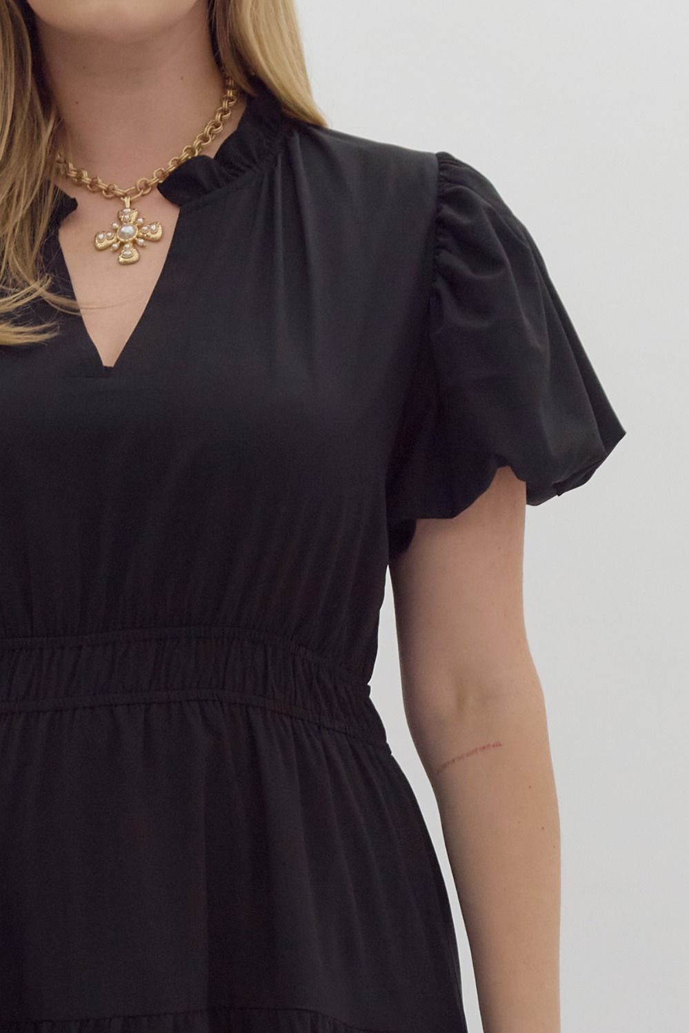 Curvy Split V-Neck Dress in Black