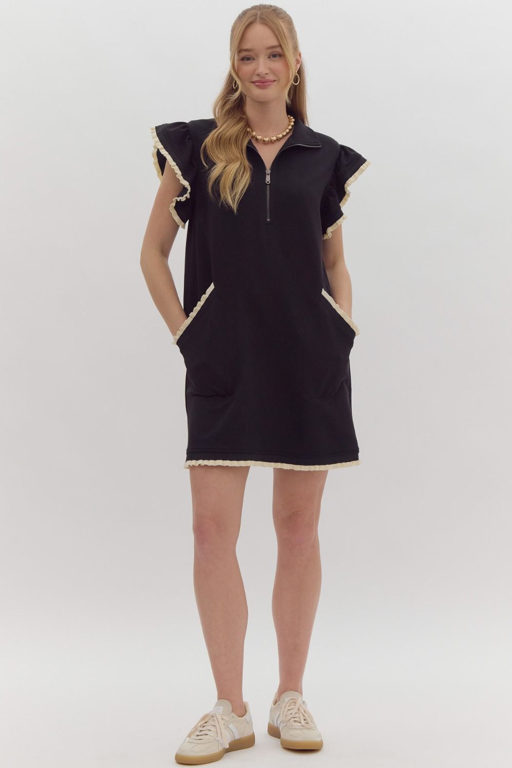 Solid Half Zip Collared Dress in Black