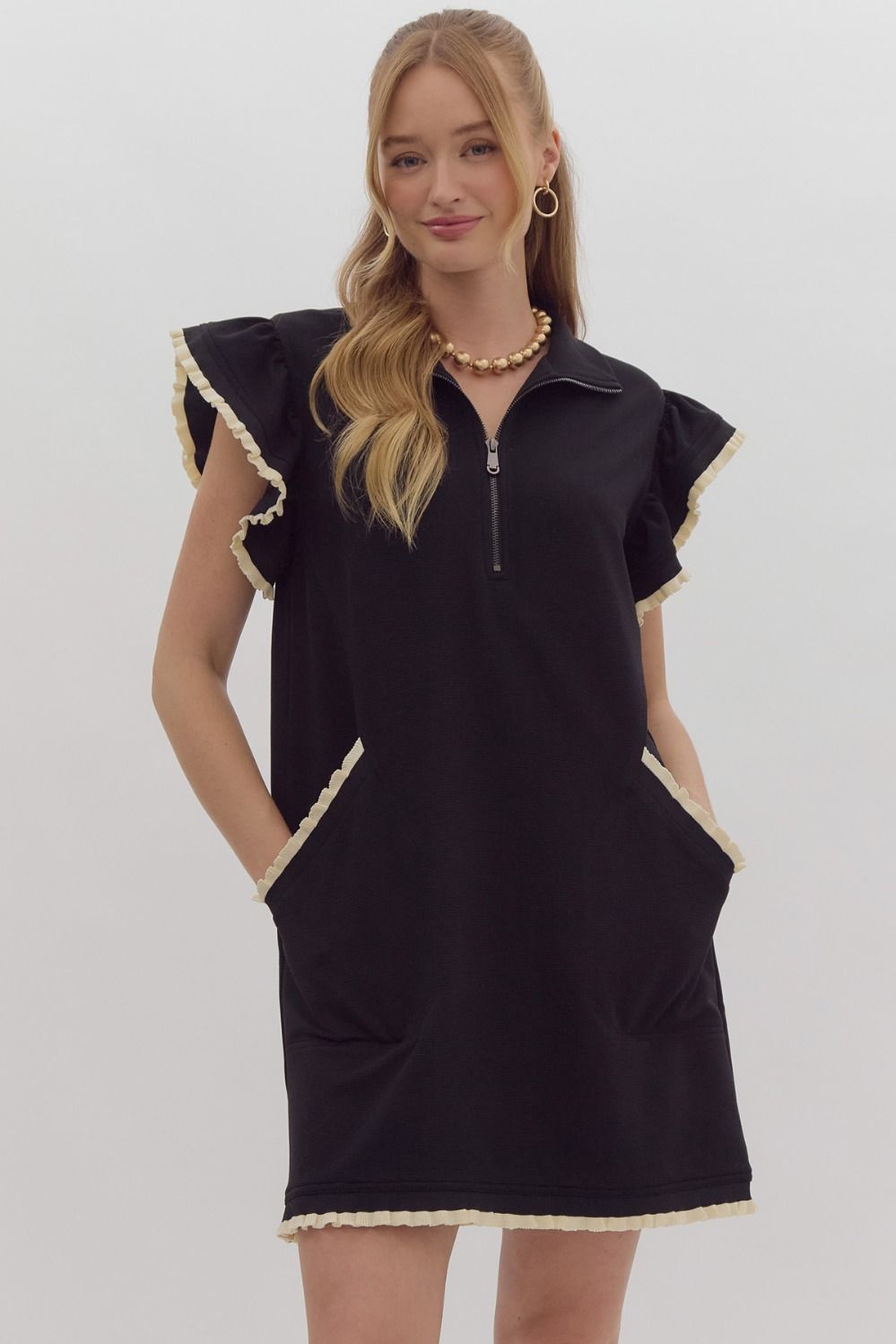 Solid Half Zip Collared Dress in Black