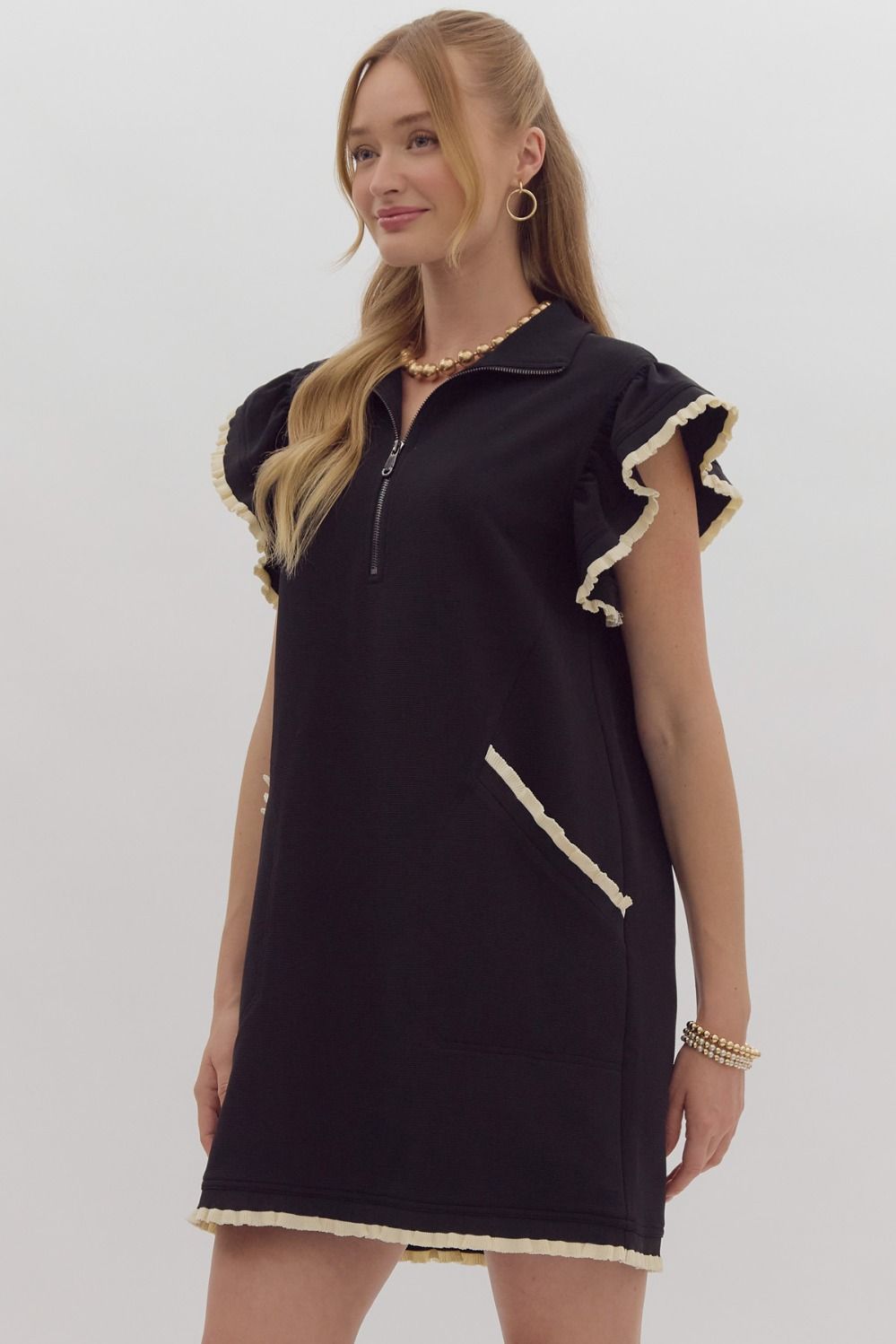 Solid Half Zip Collared Dress in Black