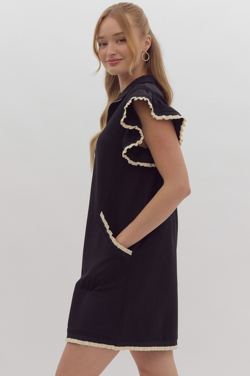 Solid Half Zip Collared Dress in Black