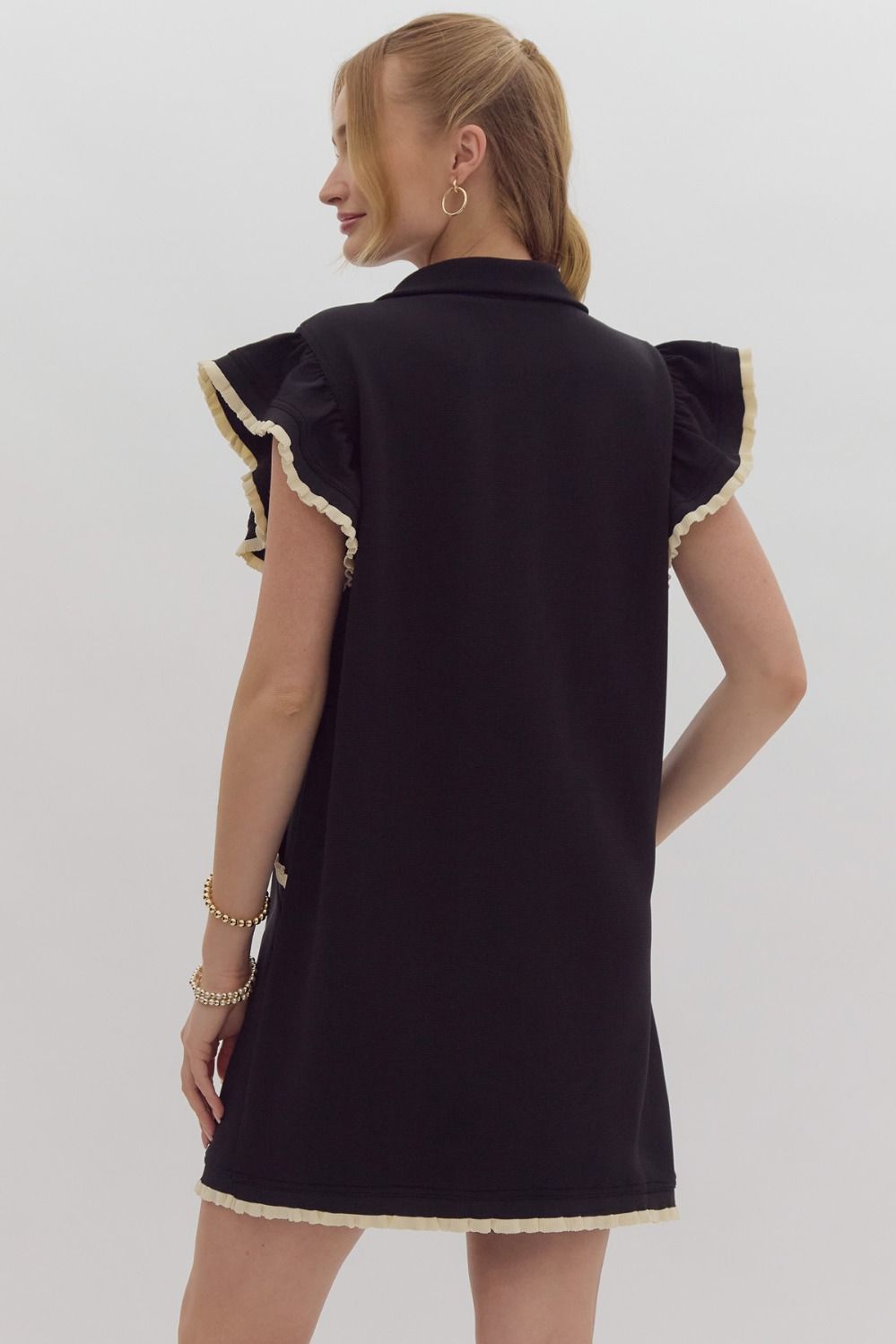 Solid Half Zip Collared Dress in Black