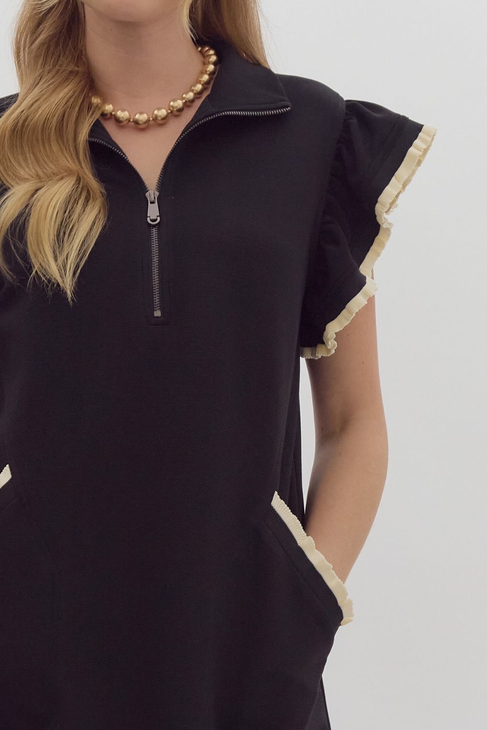 Solid Half Zip Collared Dress in Black