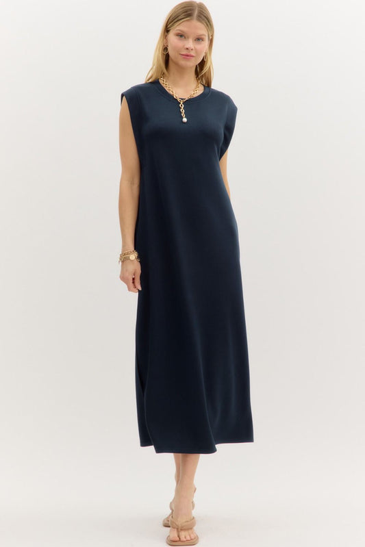 Solid Jersey Knit Midi Dress in Navy