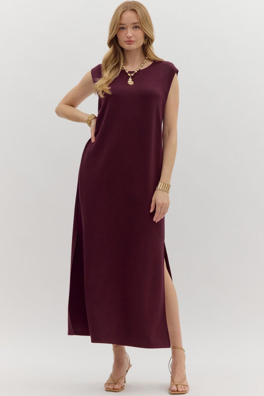 Solid Jersey Knit Pullover Midi Dress in Wine