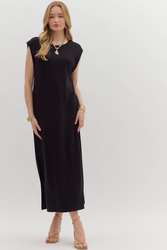 Solid Jersey Knit Pullover Midi Dress in Black