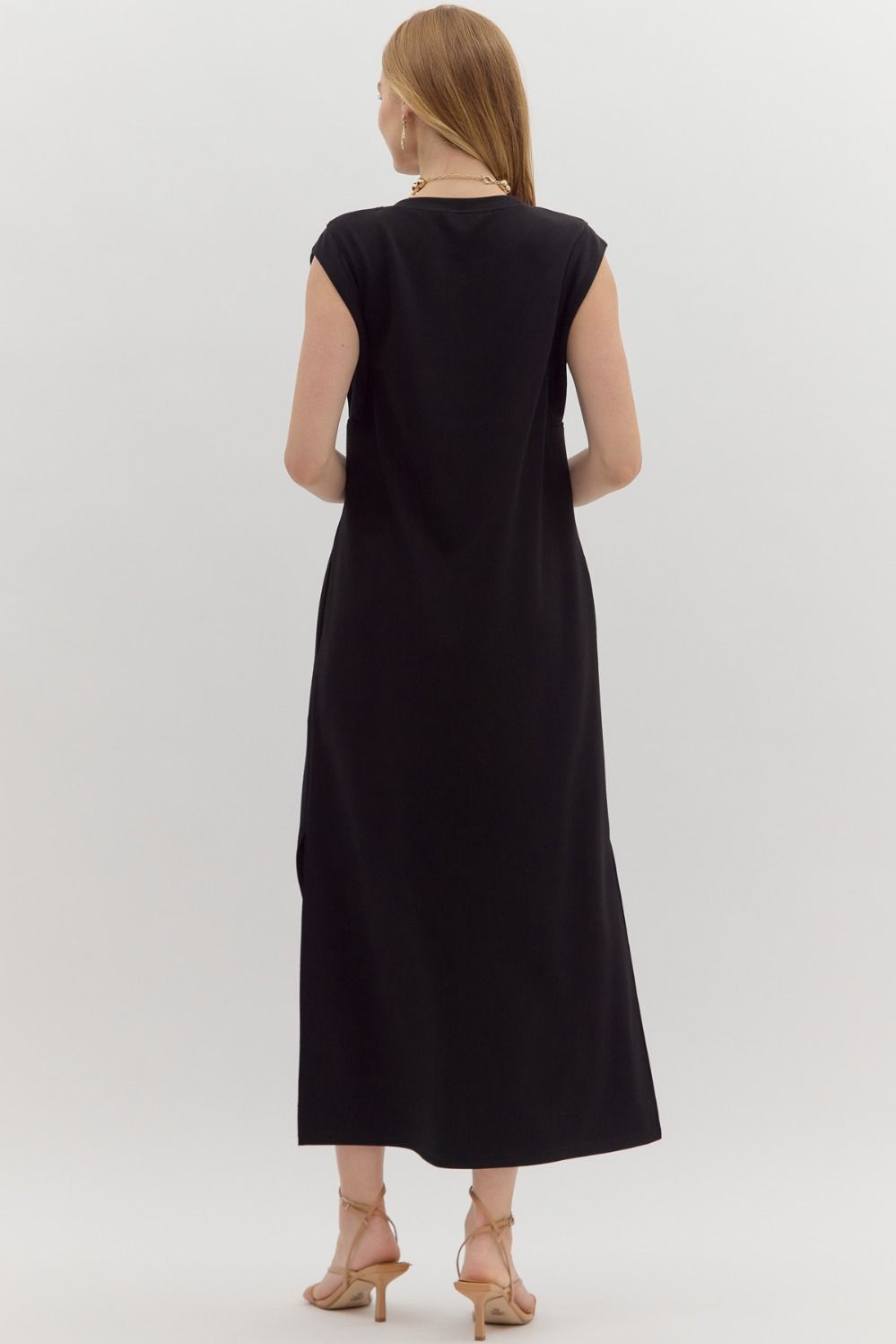 Solid Jersey Knit Pullover Midi Dress in Black