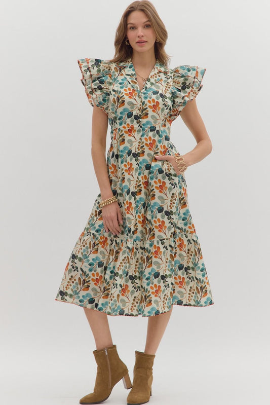 Botanical Print Pleated Midi Dress in Ecru