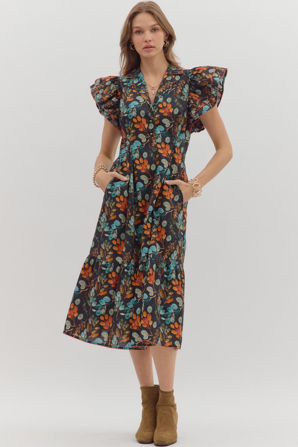 Botanical Print Pleated Midi Dress in Black