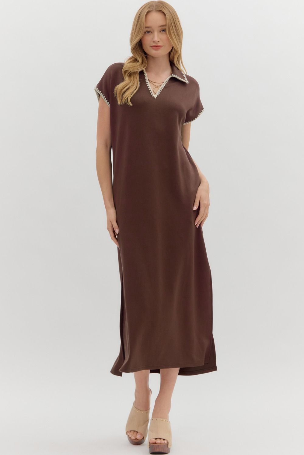 Jersey Maxi Dress with Collar in Brown