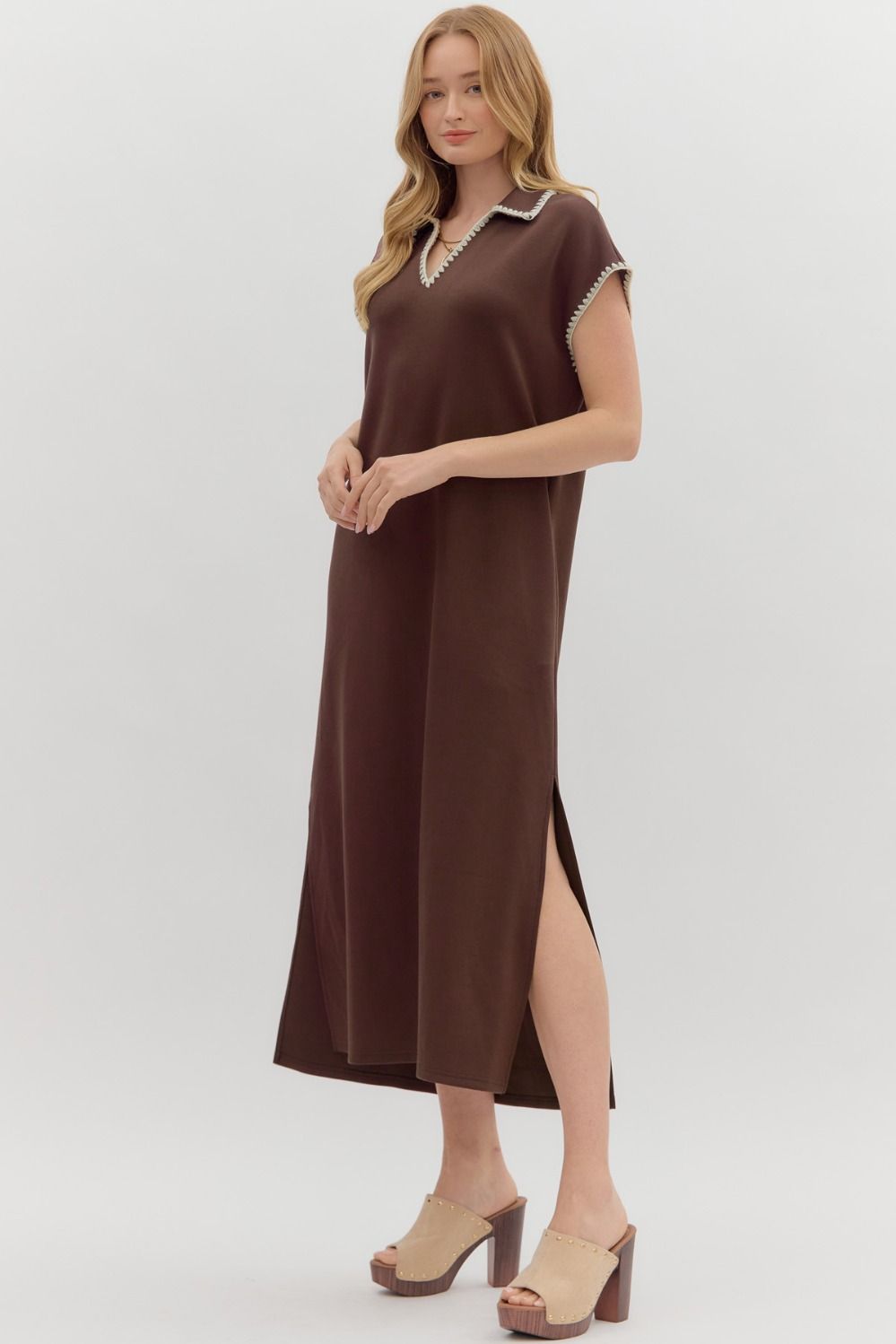 Jersey Maxi Dress with Collar in Brown
