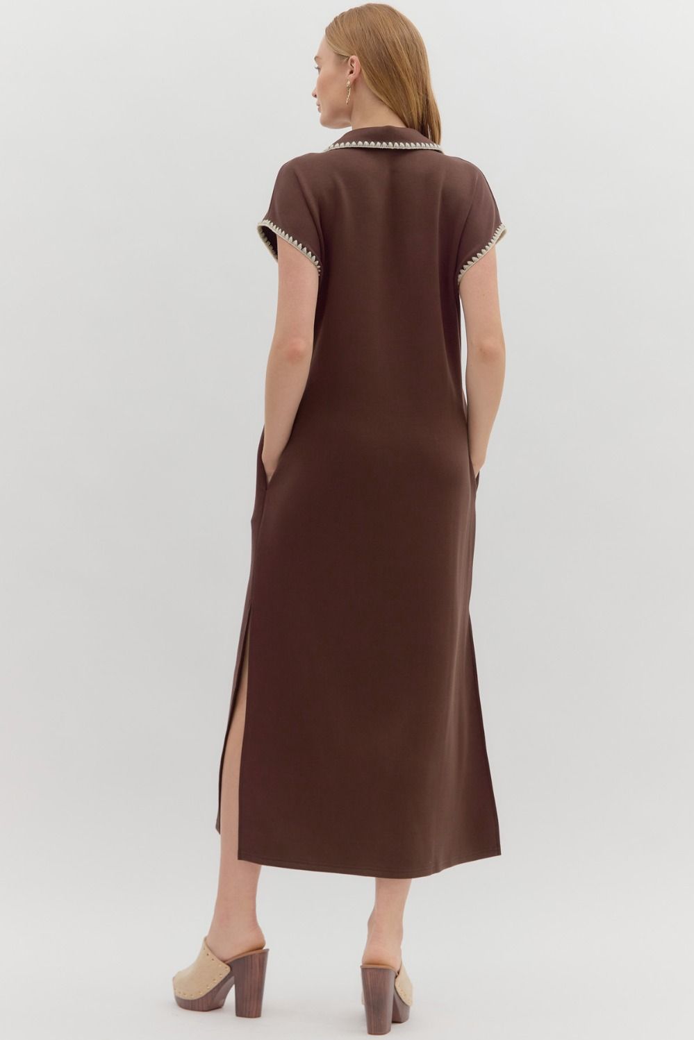 Jersey Maxi Dress with Collar in Brown