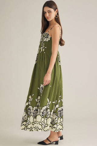 Floral Print Sleeveless Maxi Dress in Green