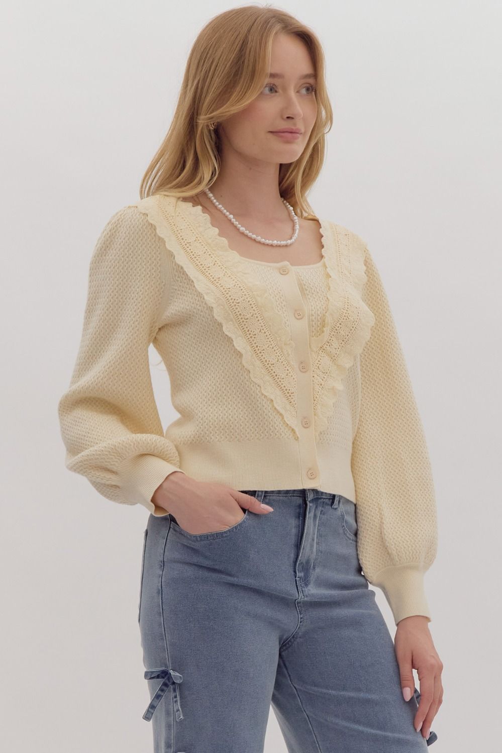 Scallop Detail Edge Button Up Sweater