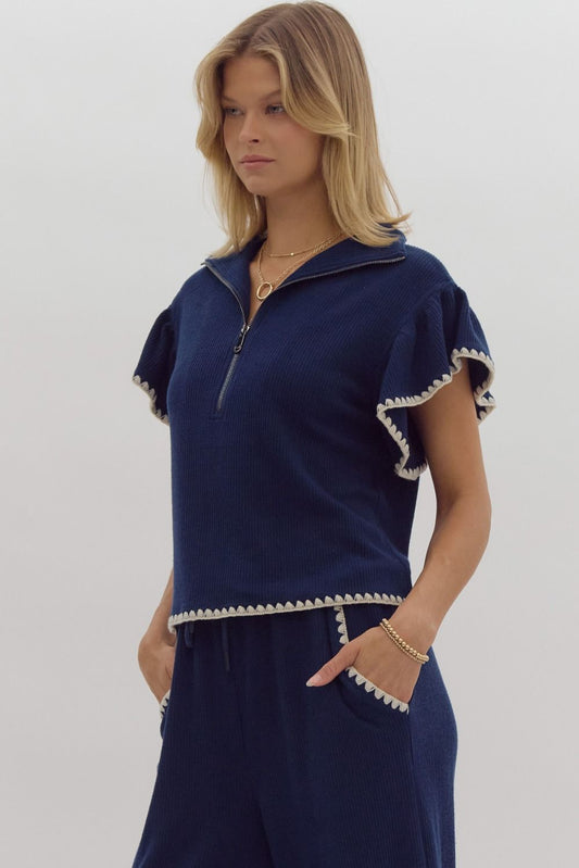 Ribbed Ruffle Sleeve Top in Navy