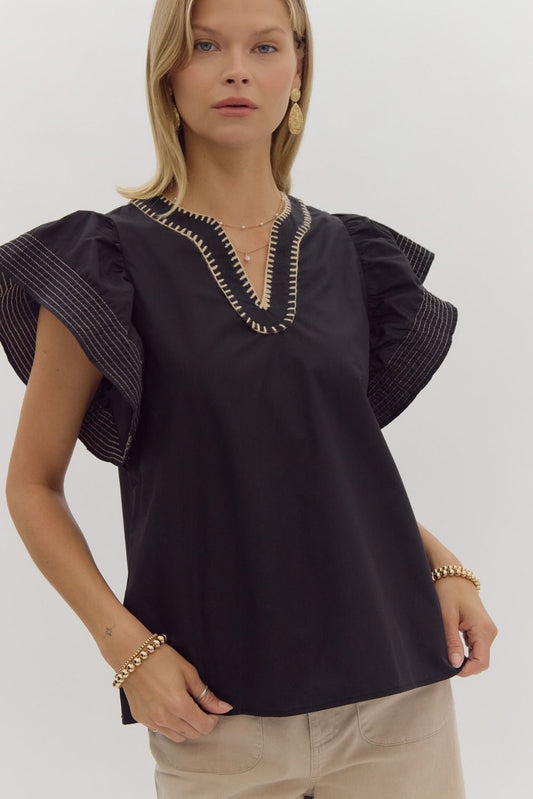 Embroidered Detail Ruffle Top in Black