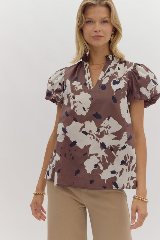 Floral V-Neck top in Espresso