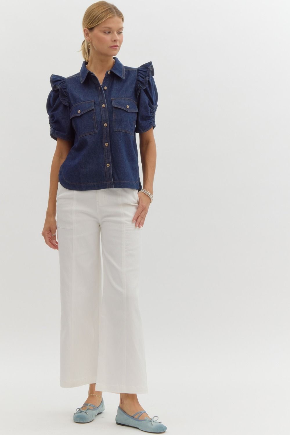 Ruched Puff Denim Top